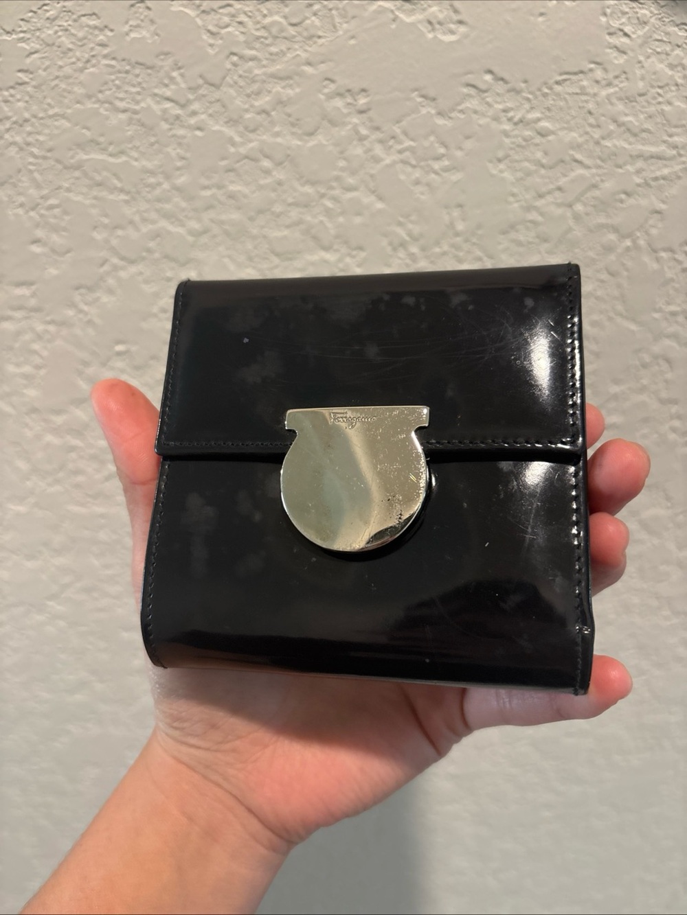 Salvatore Ferragamo Black Patent Leather Compact Wallet with Silver-Tone Gancini